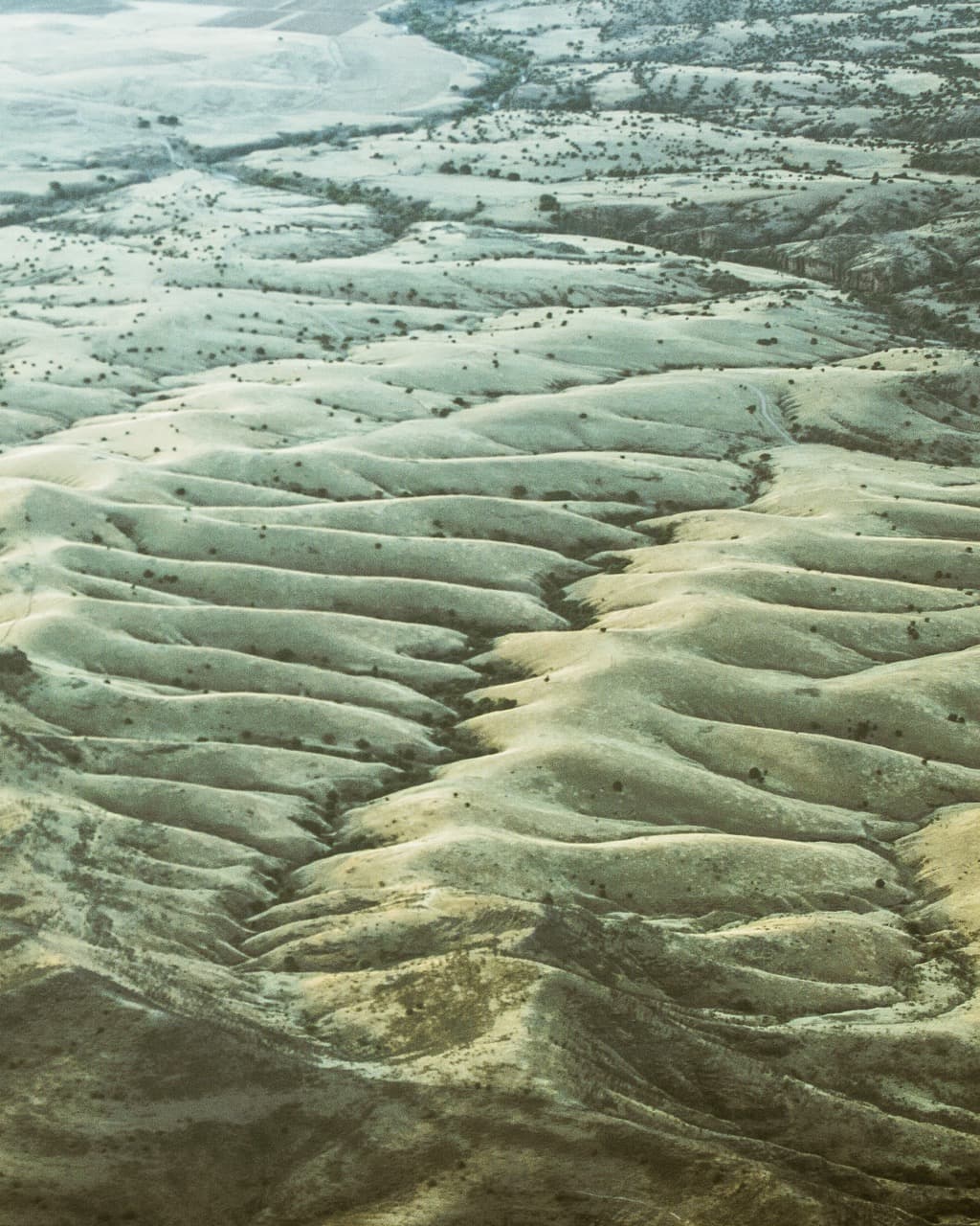 Aerial landscape photography of winding river patterns in desert terrain