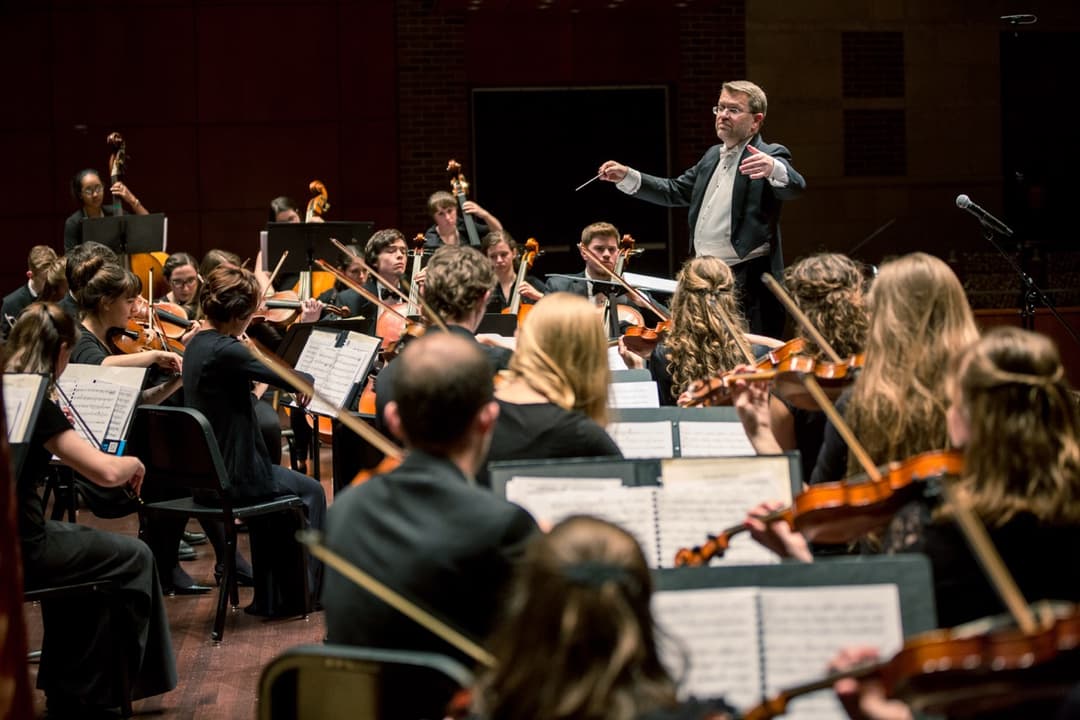 Orchestra performance: Conductor leading string instruments and musicians in concert hall